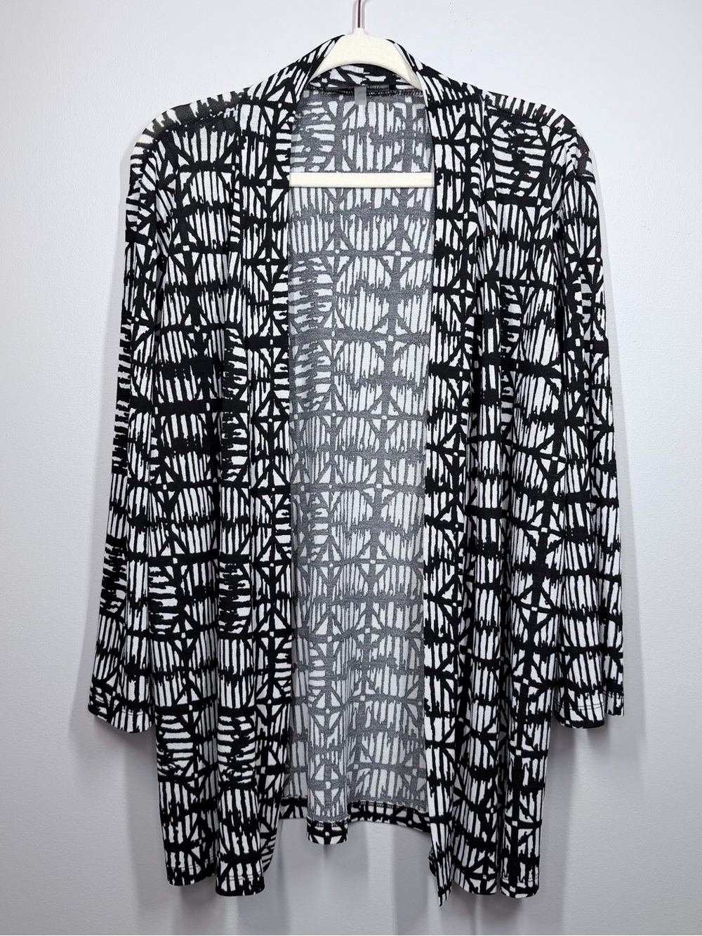 Kasper Open Front Cardigan Jacket Topper Black White Geometric Print Size XL